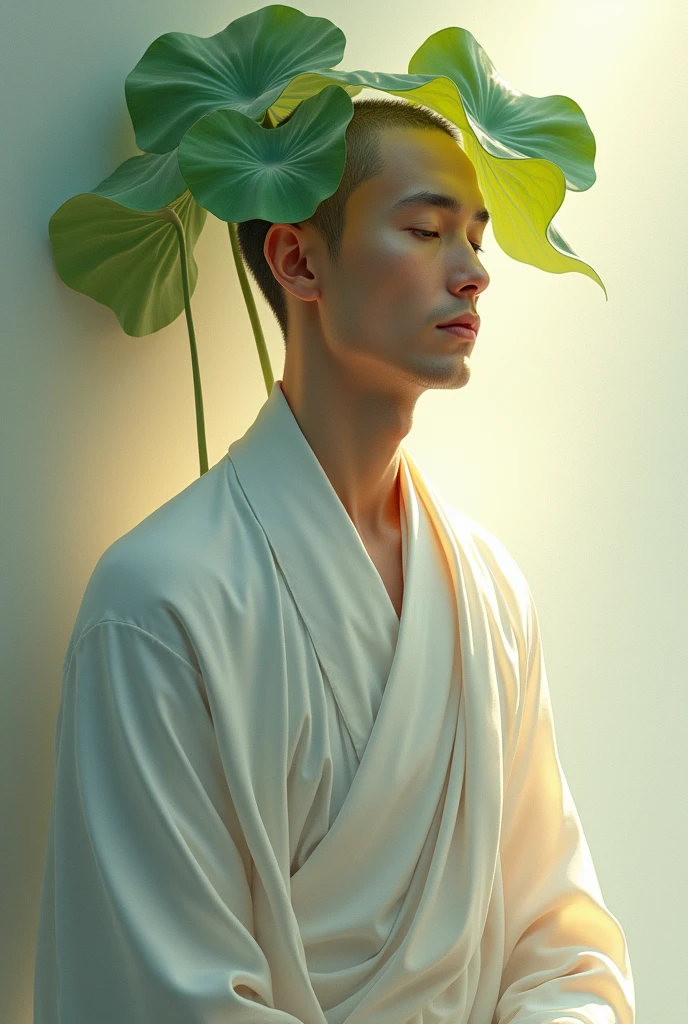 illustration that evoke stoicism men from 25 years old, shirtless, barefoot, strong, slim body Style: Japanese minimalism, with clean lines and negative space to emphasize calm and serenity. Color palette: Soft, natural tones (pale green, white, gray) to convey peace and harmony. Expression: A relaxed face, with eyes closed and a slight smile on the lips. Hands resting on the lap, complete relaxation. Setting: A bamboo forest with dappled sunl