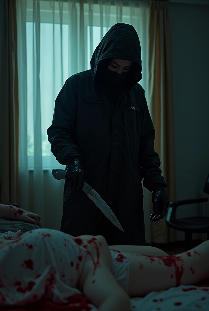 korean girl, (behind corpse, full face helmet), holding knife, stabbing, black gloves, room full of blood, black raincoat, plump girl, glamorous girl, holding knife, black gloves, behind corpse, blood splatter, 20 years old, bed room, black wet suit, night, mass murderer, killer, robbery, dark atmosphere, cinematic lighting, atmospheric realistic, light from the window close-up,