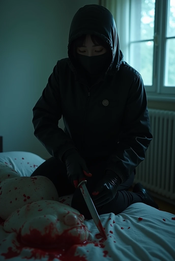 korean girl, (behind corpse, full face helmet), holding knife, stabbing, black gloves, room full of blood, black raincoat, plump girl, glamorous girl, holding knife, black gloves, behind corpse, blood splatter, 20 years old, bed room, black wet suit, night, mass murderer, killer, robbery, dark atmosphere, cinematic lighting, atmospheric realistic, light from the window close-up,
