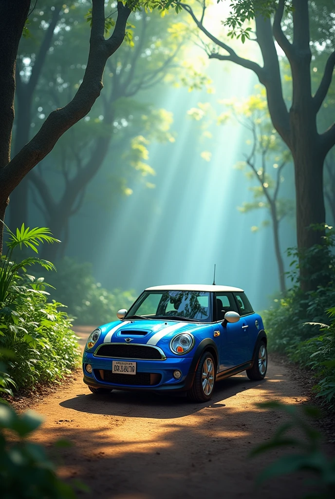 A blue 2012 Mini Cooper in perspective with a white roof on a street in the Bolivian Amazon , Illuminated amidst mist and shadows