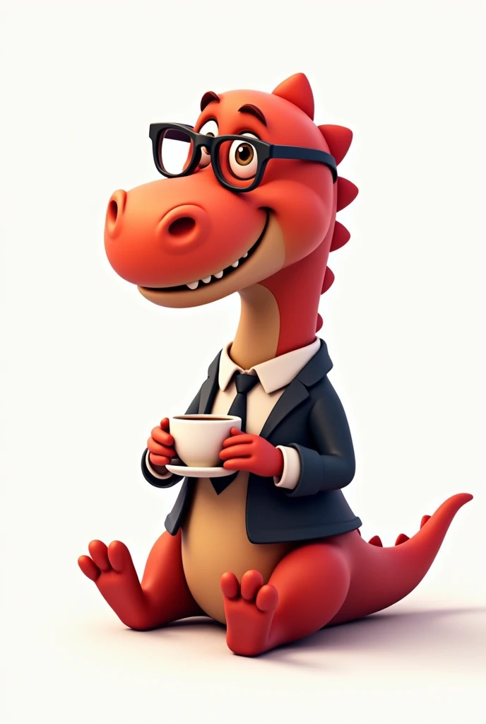 Red animated dinosaur, tender, happy with formal clothes, With glasses, drinking coffee while sitting, on a white background 