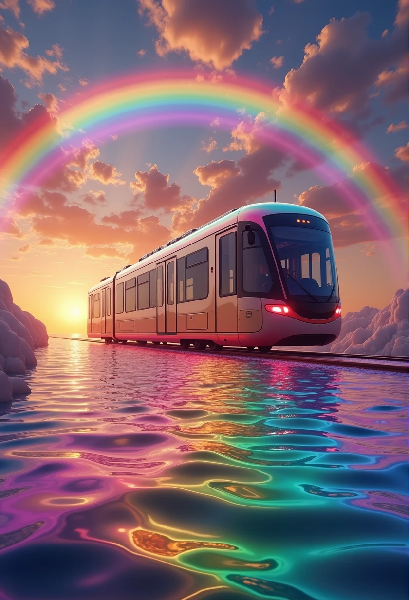 Rainbow colored linear motor car、Linear motor car running on rainbow-colored tracks,colorful,Beautiful views,wonderful景色,Utopia,An atmosphere full of dreams and hope,masterpiece. 16K, Ultra-high resolution, Ultra-high resolution, to be born,wonderful ,future、Iridescent、The world 30 years from now。