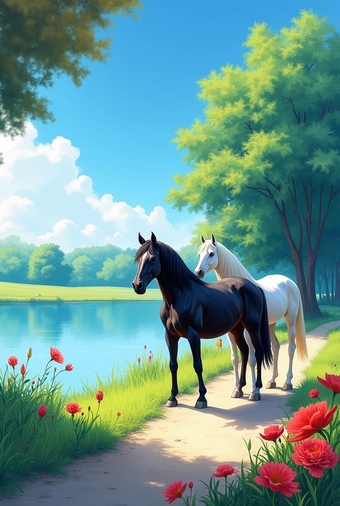 impressionism, deep blue sky background, few wind cloud, bright soft, a lake, strong black horse, white mare at the path trail by the lake, leafy cedar, green fiel, big red blossom, Turquoise, Aqua, Peach, Pink, Yellow pastel colours.