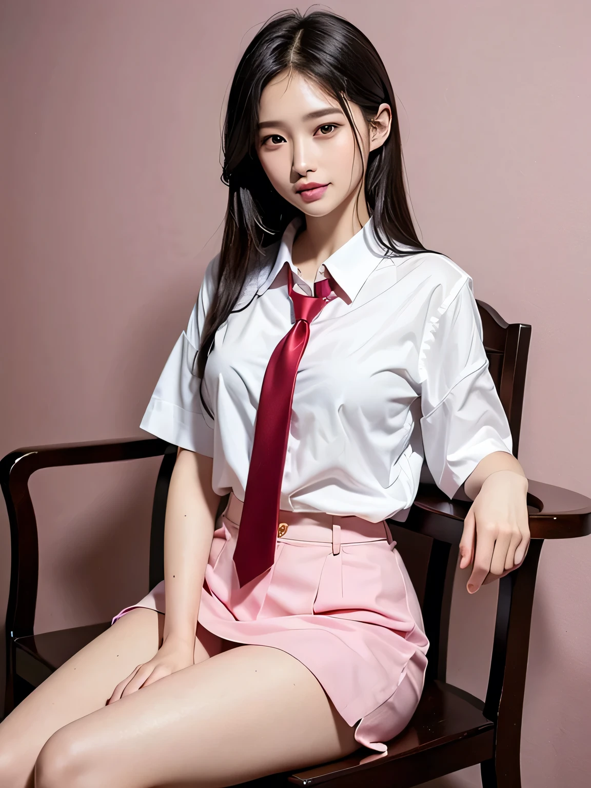 (Highest quality、8k、32K、masterpiece、Hmph:1.2)、(masterpiece, Highest quality), Realistic photos, high school girl、very cute、15 years old、sexy、Instagram, Bright colors, High Dynamic Contrast, Slender figure、thin、Small, shapely breasts、One person、Gray Hair、 Purple eyes, Lips parted, blush, compensate, 軽いsmile, Red tie、A thin white short-sleeved shirt that is slightly translucent.、sexy、Blue exy、Sweat, Wet, light, Shine, Tight waist, (masterpiece), Pink Wallpaper,Sitting in a chair、I can see your thighs、sexy、smile
