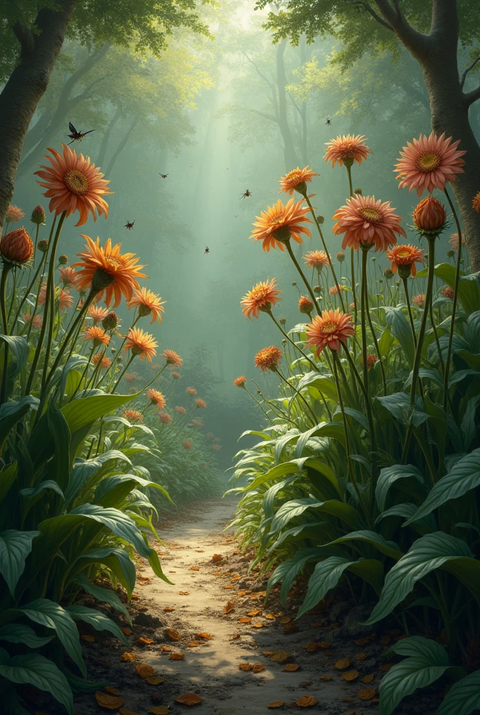 garden with wilting flowers.