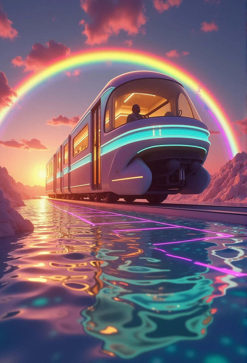 Rainbow colored linear motor car、Linear motor car running on rainbow-colored tracks，colorful，Beautiful views，wonderful景色，Utopia，An atmosphere full of dreams and hope，masterpiece． 16K, Ultra-high resolution, Ultra-high resolution, to be born,wonderful ,future、Iridescent、The world 30 years from now。