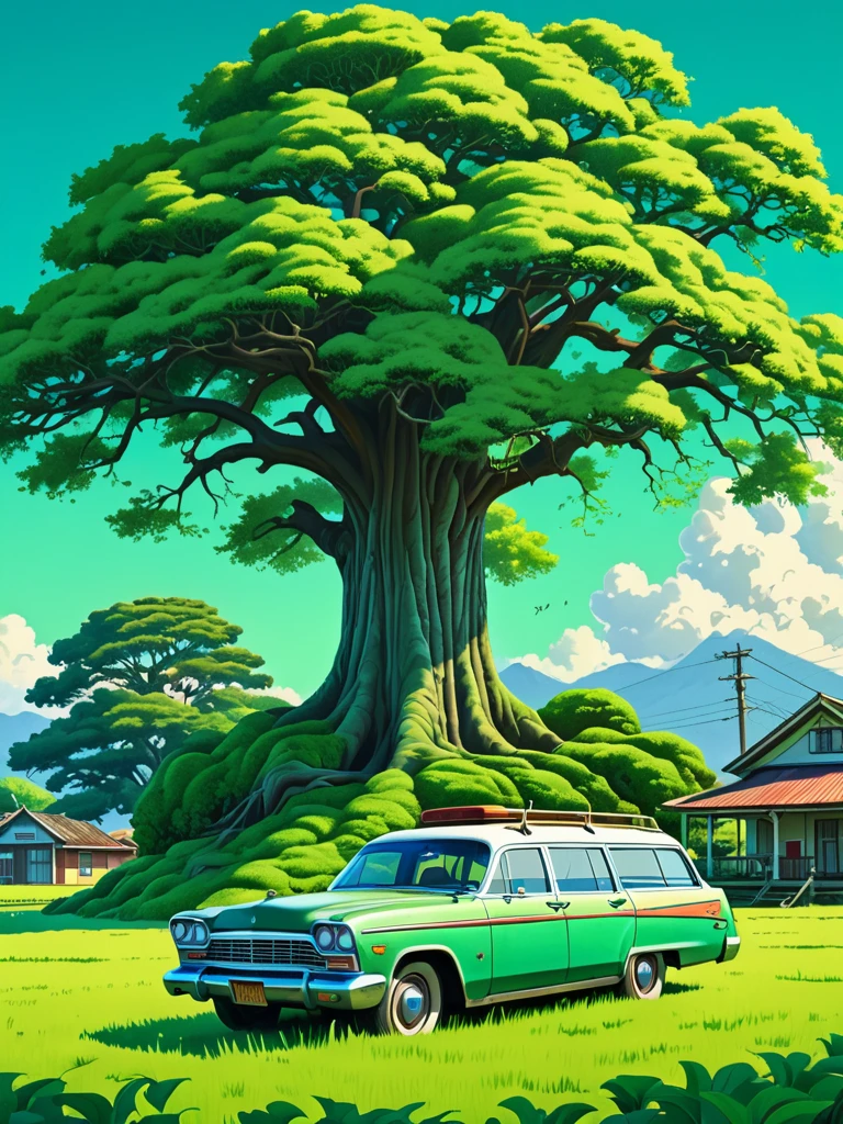 A stunning landscape painting of a large tree with lush, green foliage overlocking a rolling, grassy field with a vintage station wagon parked in the distance, in the style of a vibrant, derailed digital illustration., photo, 3d render, illustration, cinematic, ukiyo-e