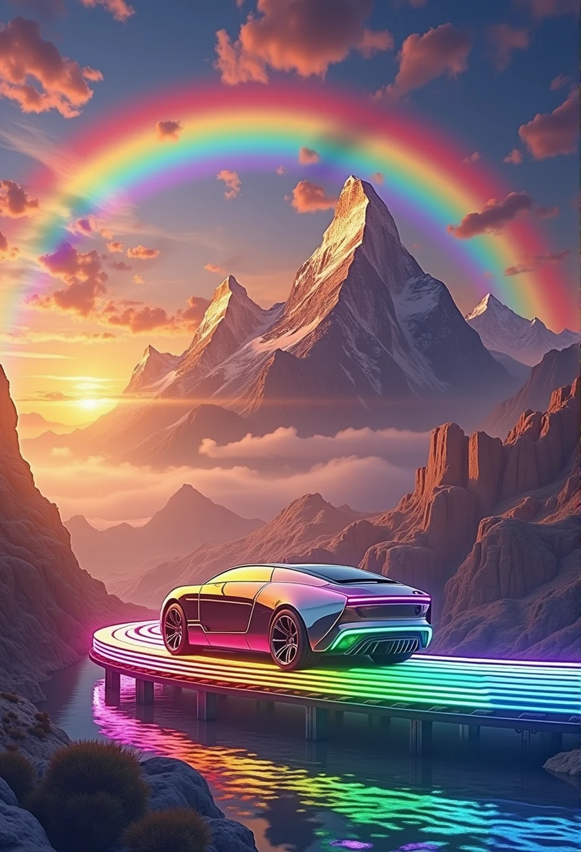 Rainbow colored linear motor car、Linear motor car running on rainbow-colored tracks，colorful，Beautiful views，wonderful景色，Utopia，An atmosphere full of dreams and hope，masterpiece． 16K, Ultra-high resolution, Ultra-high resolution, to be born,wonderful ,future、Iridescent、The world 30 years from now。