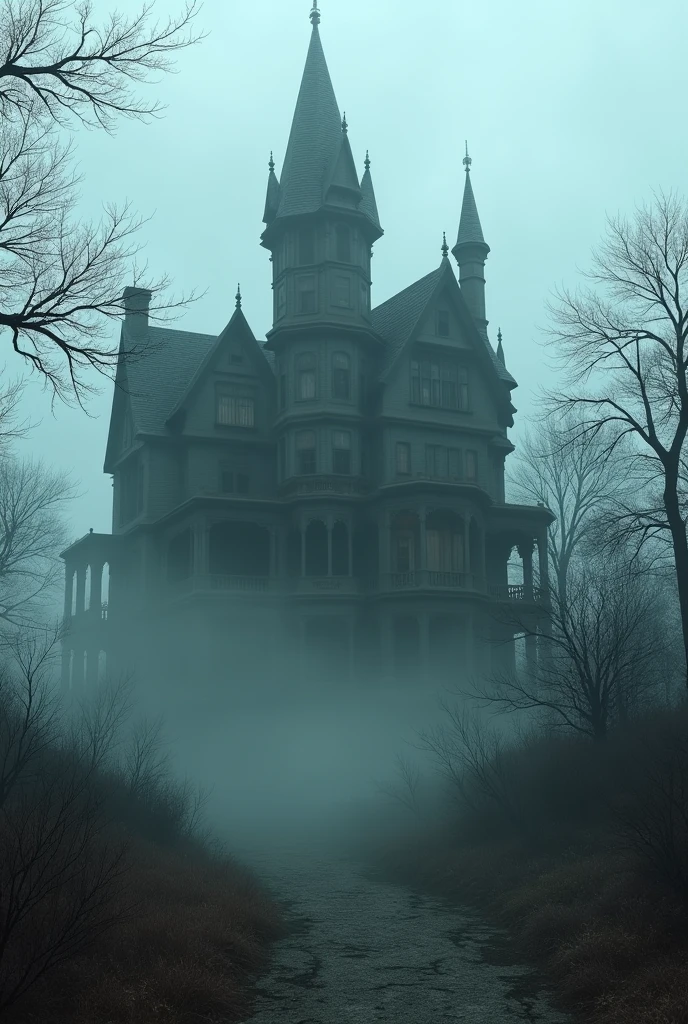A spooky mansion surrounded by fog 