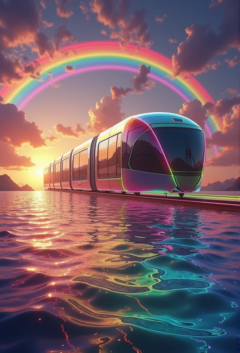 Rainbow colored linear motor car、Linear motor car running on rainbow-colored tracks，colorful，Beautiful views，wonderful景色，Utopia，An atmosphere full of dreams and hope，masterpiece． 16K, Ultra-high resolution, Ultra-high resolution, to be born,wonderful ,future、Iridescent、The world 30 years from now。