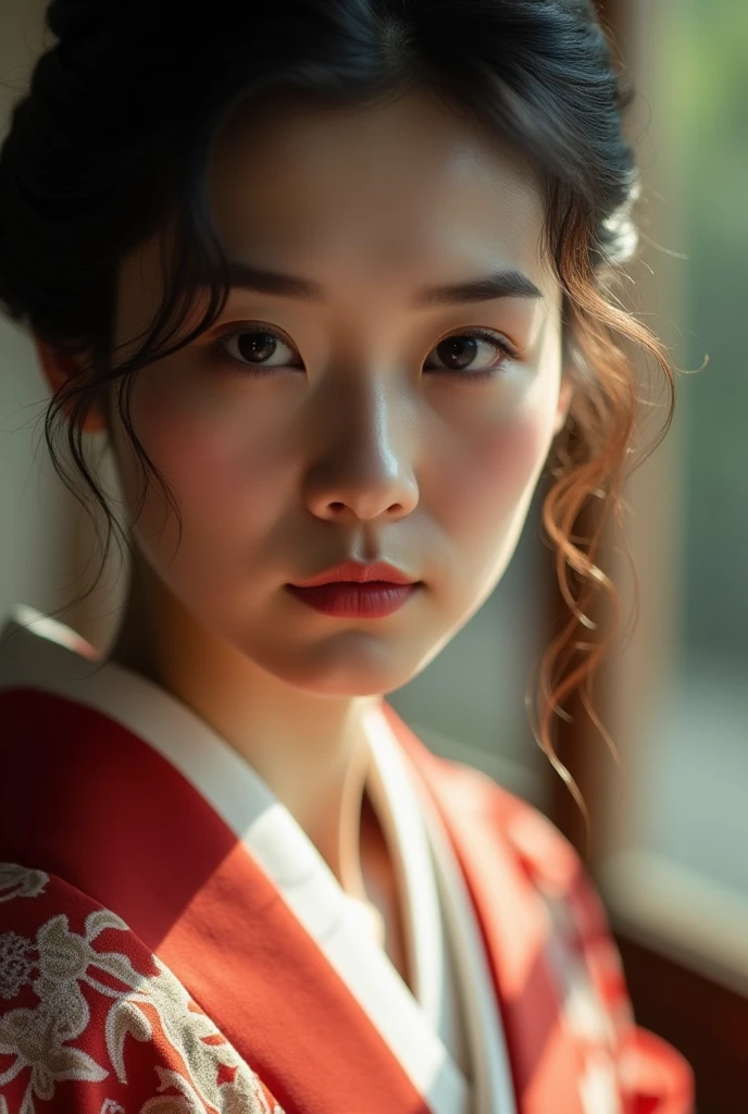 An elegantly dressed Japanese woman in natural light、A close-up of her chest and calm expression.、It shows her inner peace and outer charm.。