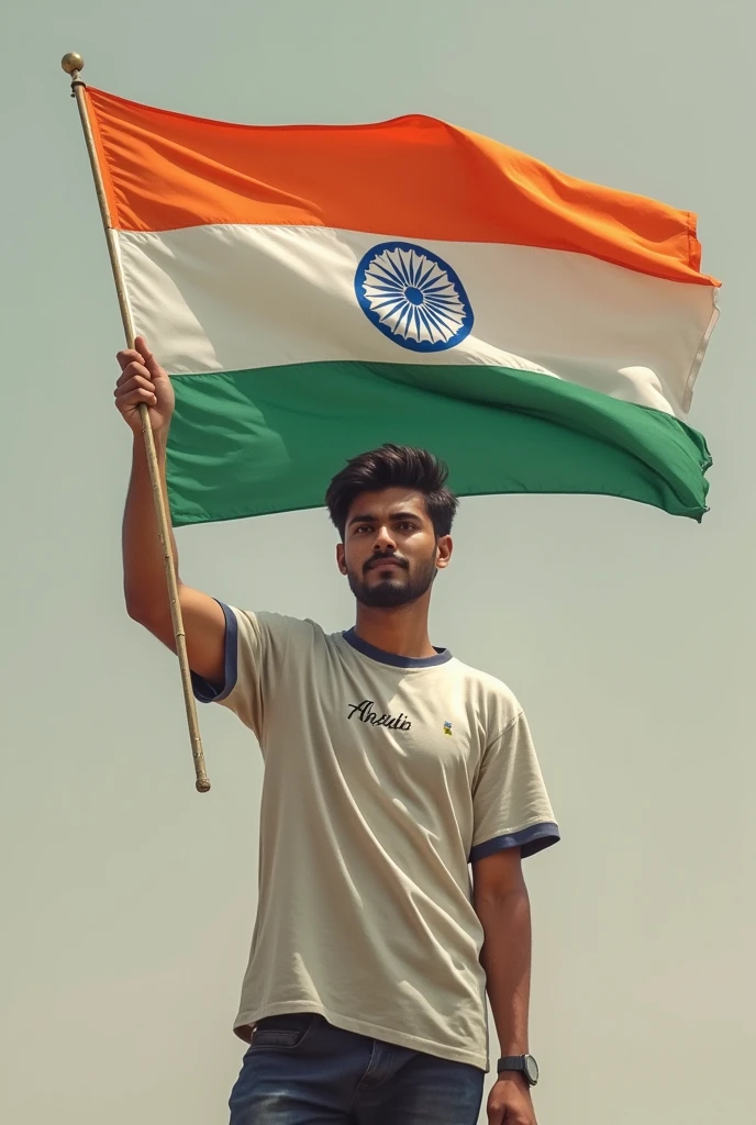 Mohd Asif with his name written on the teesath holding the tricolour in his hand