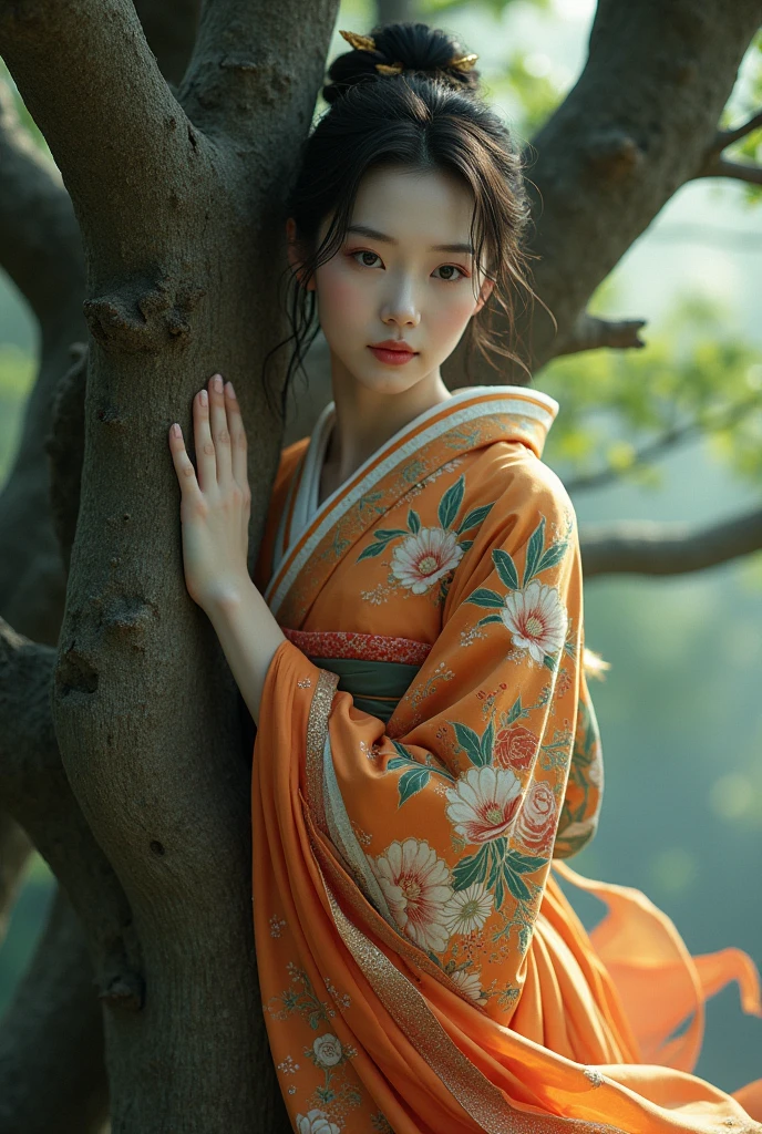 Create an 18 year old girl wearing a kimono on her face a disgusting smile her 3 curves are perfect the most beautiful in the multiverse under her feet are tiny planets she can crush the sun easily
