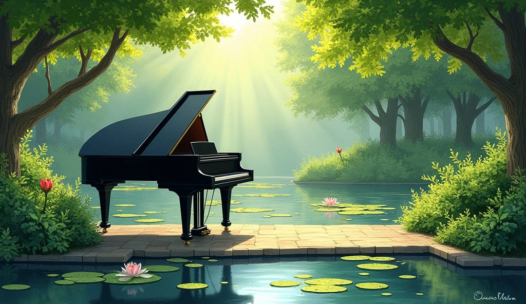 Black grand piano、The statue is placed in front of a pond with blooming water lilies.。Drawn in a realistic watercolor style throughout、There is a quiet atmosphere。The piano is surrounded by lush trees and bushes.、It depicts a corner of a beautiful garden with sunlight streaming in.。