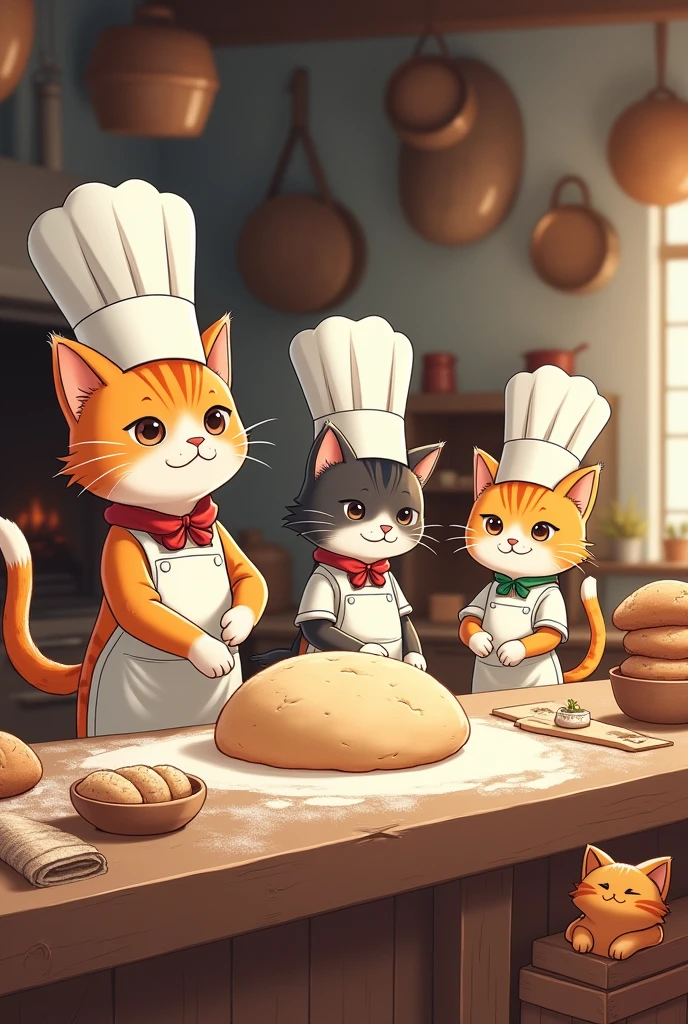 Four cat chefs making bread 