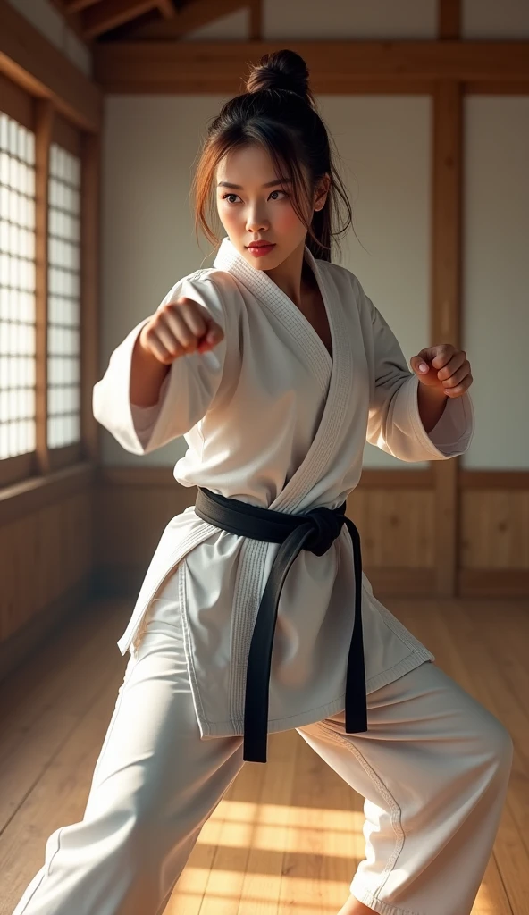 masterpiece, best quality, super detailed, whole body, 1girl, wearing karate wear and Demonstrating a karate punch