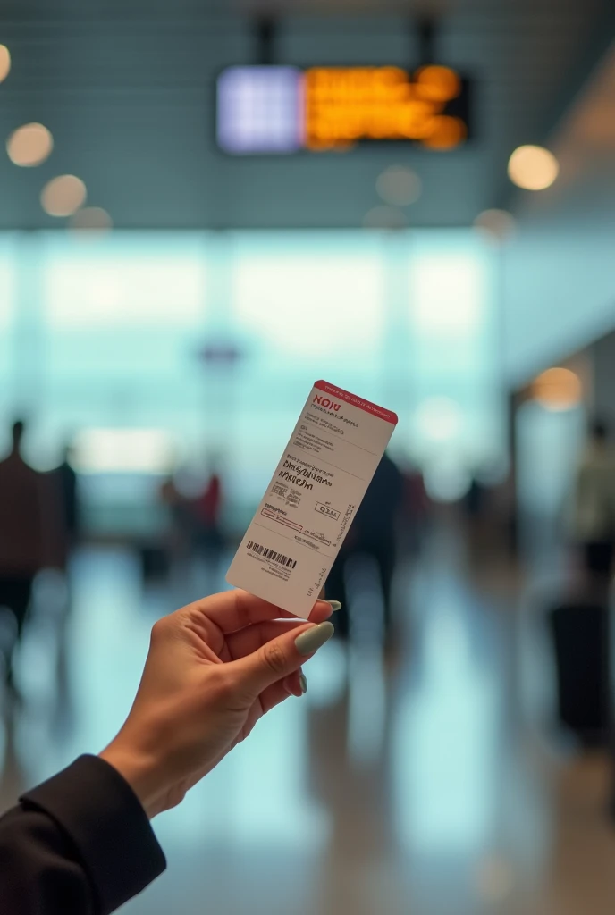 an image of flight ticket generator, im holding the ticket down as an aesthetic. malaysia airline ticket: miri to amsterdam, make sure its in airport environment. im a woman anyway so make sure its a woman hand too