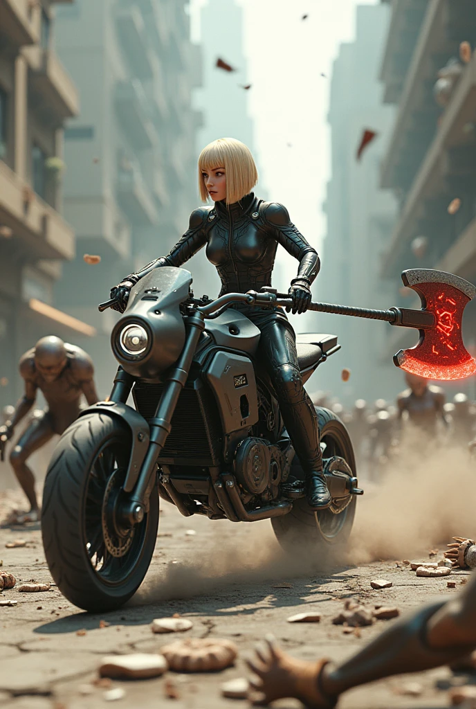 (masterpiece, Highest quality, shape, Subtle details, 8k:1.2),(Highly detailed CG Unity 8k wallpaper), (Highest quality), (Best illustrations), (((A slender adult woman wearing a futuristic full-body pilot suit:1.2))),(((Height3An adult woman wearing a meter-tall Skeletonics:1.2))),(((Skeletonics is riding a flying motorcycle:1.2))),(((Skeletonics is holding the left handlebar of the flying motorcycle with her left hand:1.2))),(((Skeletonics is swinging a large battle axe with a large axe in her right hand:1.2))),A dynamic 3D digital image of a slender blonde adult woman in her 30s with a sleek bob hairstyle, wearing a futuristic full-body pilot suit. She is piloting a 3-meter-tall exoskeleton (Skeltonics) while riding a futuristic flying bike, gripping the bike's controls with her left hand. The scene is set in a post-apocalyptic city, with the bike flying just above the ground near crumbling buildings. The Skeltonics' right hand is wielding a large battle axe, its blade glowing with red flashes, mid-swing as it slices through a grotesque alien creature, cutting it clean in half. The atmosphere around the exoskeleton is filled with numerous other bizarre and menacing creatures, all lunging toward the Skeltonics. The entire scene is filled with speed, action, and intensity, with debris and motion blur conveying the fast-paced chase and battle. The lighting and shadows enhance the chaotic, high-stakes battle in the ruined cityscape.,A highly detailed 3D digital image featuring a slender blonde woman in her 30s with a sharp bob haircut, wearing a futuristic, full-body pilot suit. She is seated in a 3-meter-tall exoskeleton known as Skeltonics, piloting a flying motorbike just above the cracked, debris-laden ground of a ruined, post-apocalyptic city. With her left hand, she controls the bike, while her right hand, encased in the exoskeleton, raises a massive battle axe glowing with red light. The axe is caught mid-swing, slicing a monstrous alien creature in half, with vibrant sparks and red flashes emanating from the blade. Surrounding the Skeltonics and bike, many grotesque and twisted alien creatures leap and attack, their sharp claws and distorted limbs aiming at the woman and her machine.