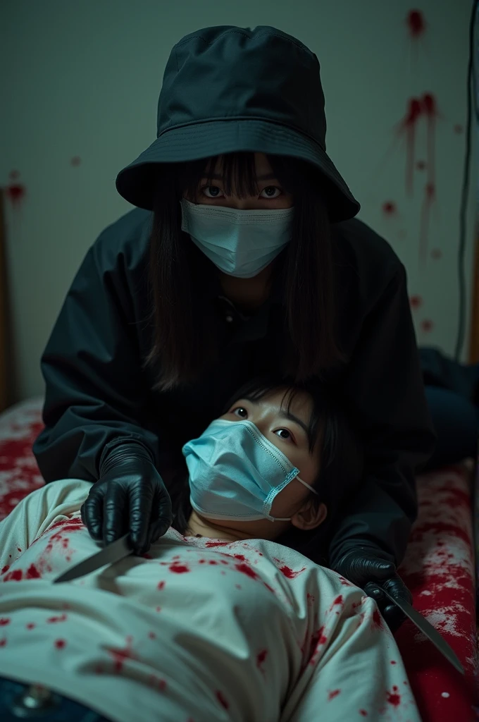korean girl, (behind corpse, holding knife), surgical mask, black gloves, room full of blood, black raincoat, bucket hat, holding knife, black gloves, woman on top, looking at viewer, behind corpse, blood splatter, on the bed, night, mass murderer, killer, long bangs, blood splatter, dark atmosphere, cinematic lighting, atmospheric realistic, close-up,
