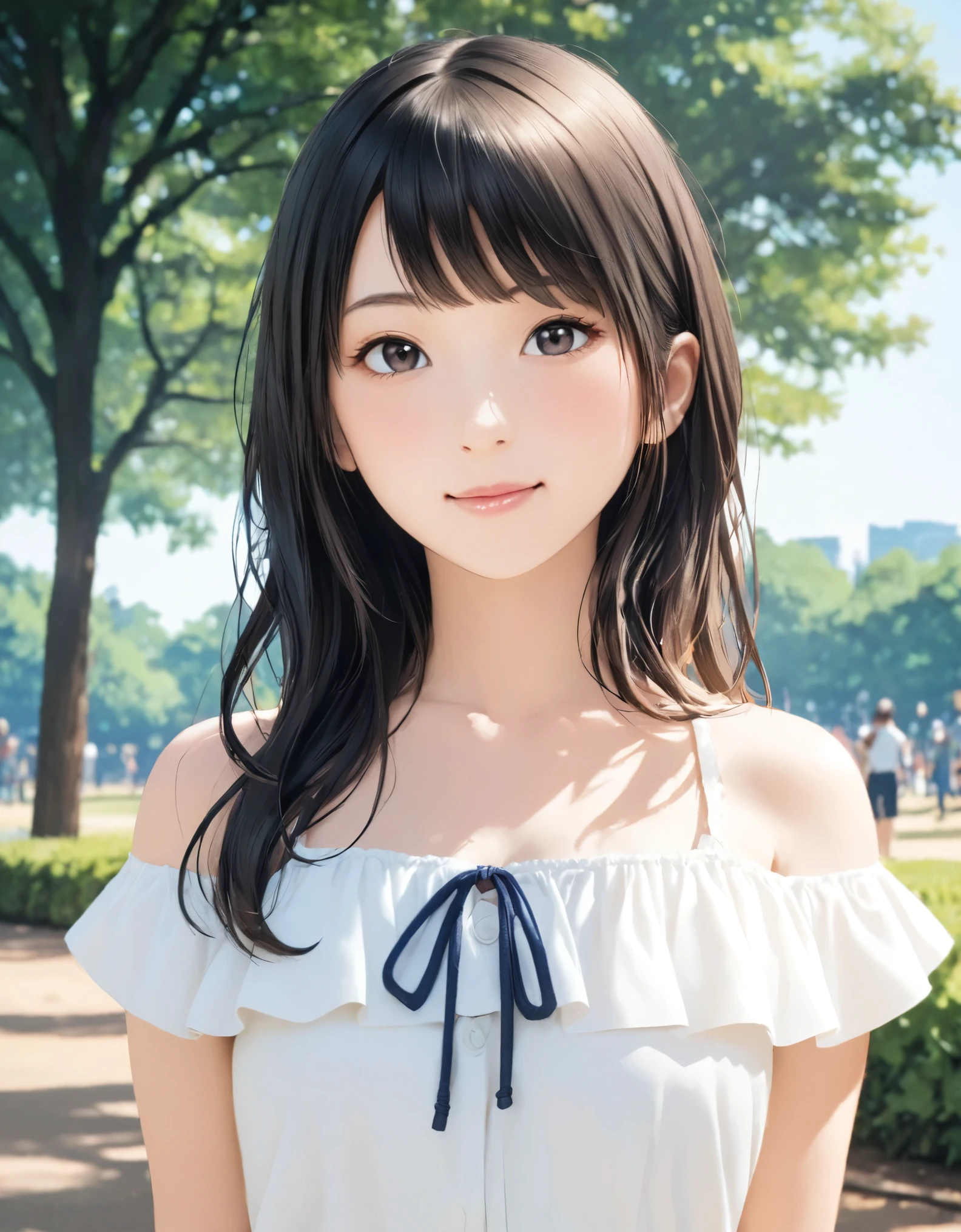 (best quality:1.2), 1girl, Ueno Park, summer, upper body shot, shoot from front