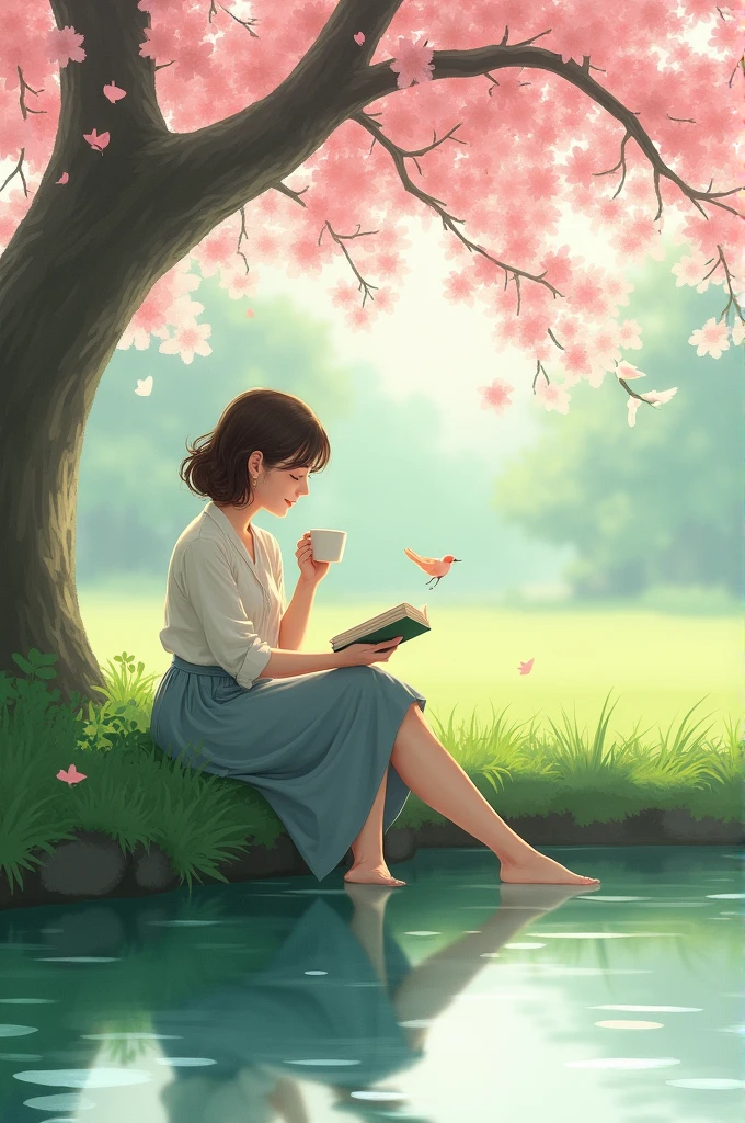 a gril sitting besides a pond and having coffee and reading books. Here is a cherry tree and two birds. Dreamy green.