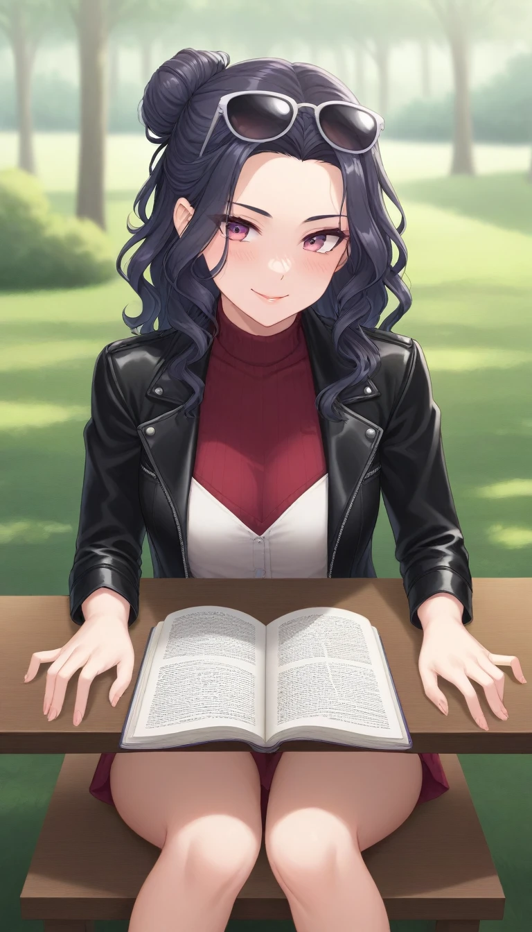 A striking young woman sits at a table in a sunlit park, fully immersed in reading a book. She has long, dark hair elegantly tied up in a bun, with stylish sunglasses perched ((on top her head)). Her hair is accented with a few loose, soft curls that frame her face, adding a delicate touch to her strong features. She wears a sleek black leather jacket with prominent zippers, which complements her modern, edgy style. Her expression is a faint smile and serene to viewer , with a subtle sense of confidence. Her overall look is both chic and approachable, capturing a blend of sophistication and natural beauty