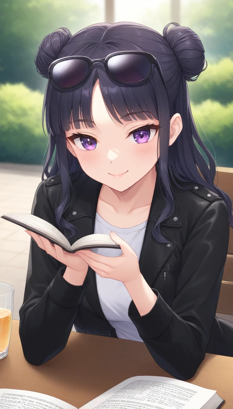 A striking young woman sits at a table in a sunlit park, fully immersed in reading a book. She has long, dark hair elegantly tied up in a bun, with stylish sunglasses perched ((on top her head)). Her hair is accented with a few loose, soft curls that frame her face, adding a delicate touch to her strong features. She wears a sleek black leather jacket with prominent zippers, which complements her modern, edgy style. Her expression is a faint smile and serene to viewer , with a subtle sense of confidence. Her overall look is both chic and approachable, capturing a blend of sophistication and natural beauty