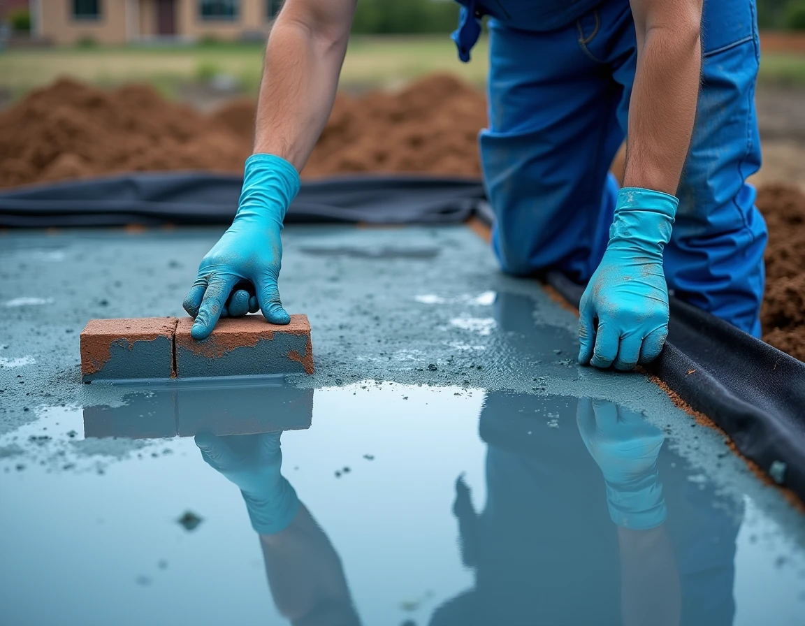 bricklayer applying a coat of waterproofing to a slab over a black tarp, in a house building, using necessary EPIs. The image should contain the main colors in blue