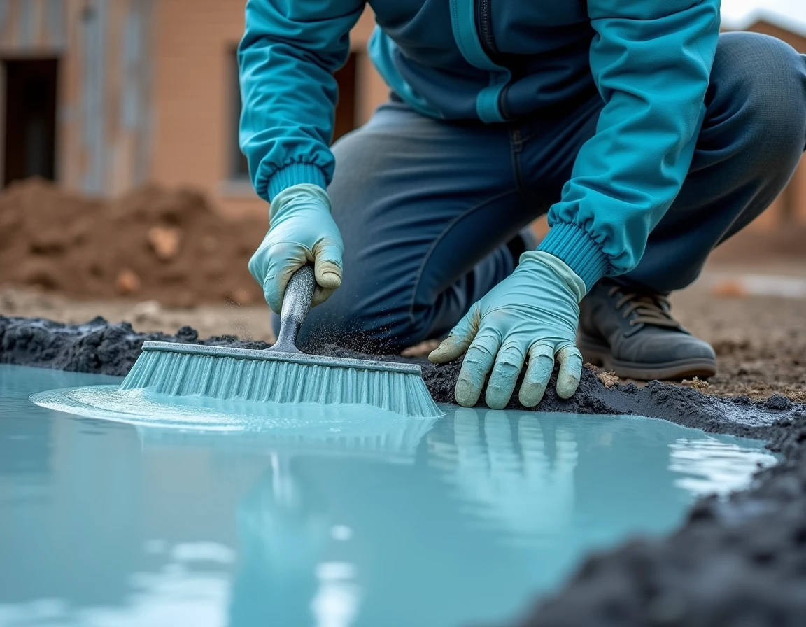 bricklayer applying a coat of waterproofing to a slab over a black tarp, in a house building, using necessary EPIs. The image should contain the main colors in blue