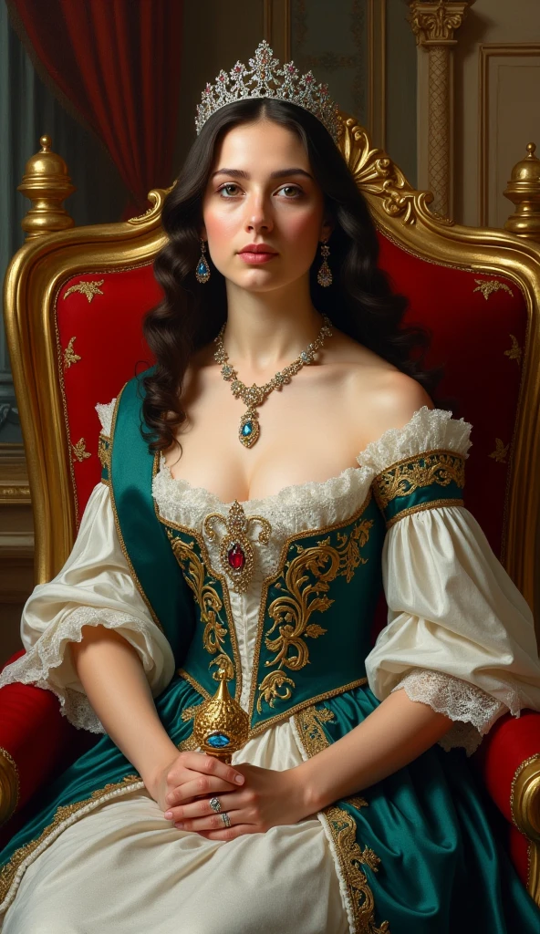 The beautiful Queen Victoria at 18。whole body。Sit on a throne、Wearing the crown、Holding a scepter and a jewel