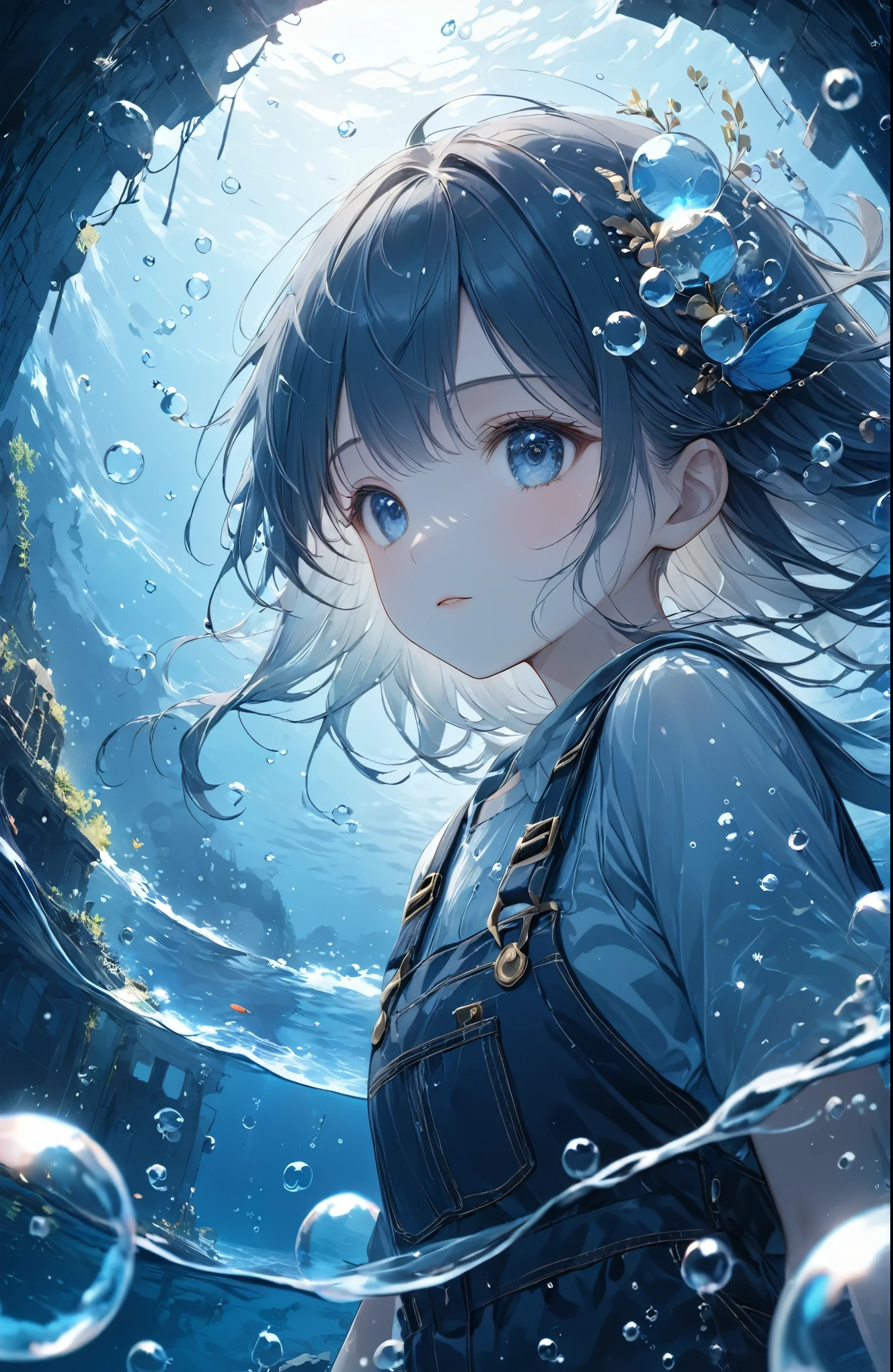 a((Amazingly absurd)),超High resolution, Attention to detail, high quality, High resolution, 最high quality, 4K, 8k,close-up,Cute girl,((Ethereal and mysterious image)),A sunken ruin、Girl in the water、Surrounded by bubbles、A world of deep blue、Overall, a work in deep blue tones