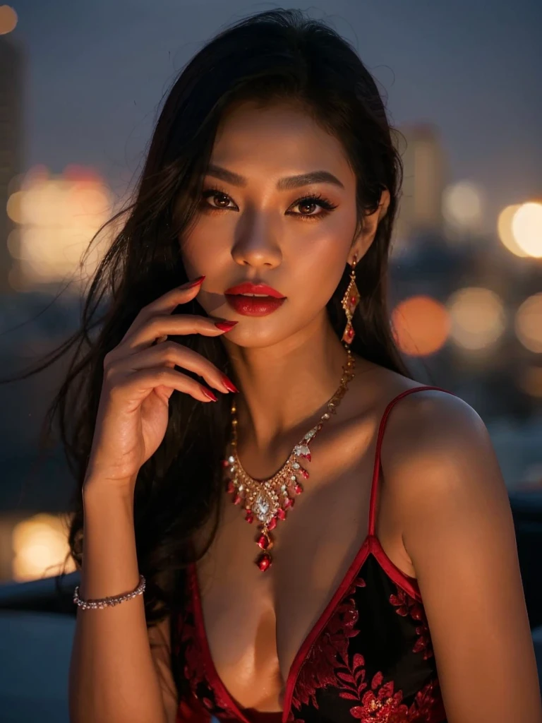 Beautiful Thai female model, red nails, perfect fingers, sparkling brown eyes, beautiful long eyelashes, red lipstick, wearing a red and black evening dress, sparkling pink diamond jewelry, on the rooftop of a building, at night, studio atmosphere