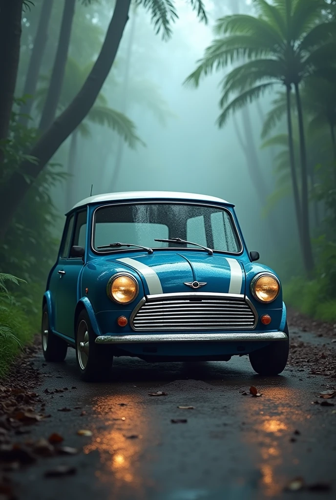 In perspective, a blue Mini Cooper from 2006 with a white roof on a street in the Bolivian Amazon , Illuminated amidst mist and shadows