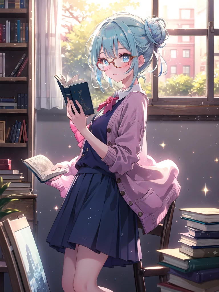 ((8k, Highest quality, masterpiece: 1.3)),Ultra-high resolution,(1 girl, alone), (Color changing eyes, Ultra-detailed, Expressive brilliance, Glitter, Glowing Eyes), Highly detailed eyes, Highly detailed face, Random Hair, ((pastel colour))A lively young woman with pastel blue hair styled into a messy bun, standing near her bookshelf in her softly lit bedroom during a quiet afternoon. She is dressed in a modest yet subtly sexy librarian cosplay, wearing a fitted cardigan over a blouse, a knee-length skirt, and a pair of stylish reading glasses. The camera captures her from a side angle as she smiles brightly while holding a book, her expression full of warmth and knowledge. The room is warmly lit by the afternoon sun, with a few books neatly arranged on the shelf, a small reading chair in the corner, and a peaceful, scholarly atmosphere.