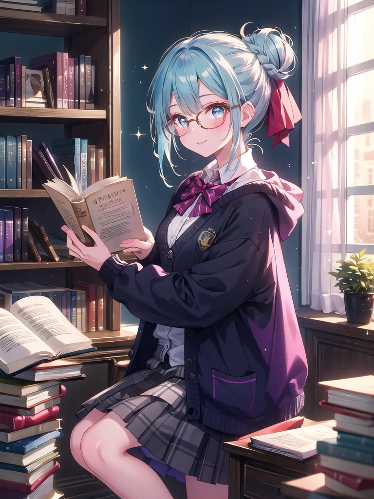 ((8k, Highest quality, masterpiece: 1.3)),Ultra-high resolution,(1 girl, alone), (Color changing eyes, Ultra-detailed, Expressive brilliance, Glitter, Glowing Eyes), Highly detailed eyes, Highly detailed face, Random Hair, ((pastel colour))A lively young woman with pastel blue hair styled into a messy bun, standing near her bookshelf in her softly lit bedroom during a quiet afternoon. She is dressed in a modest yet subtly sexy librarian cosplay, wearing a fitted cardigan over a blouse, a knee-length skirt, and a pair of stylish reading glasses. The camera captures her from a side angle as she smiles brightly while holding a book, her expression full of warmth and knowledge. The room is warmly lit by the afternoon sun, with a few books neatly arranged on the shelf, a small reading chair in the corner, and a peaceful, scholarly atmosphere.