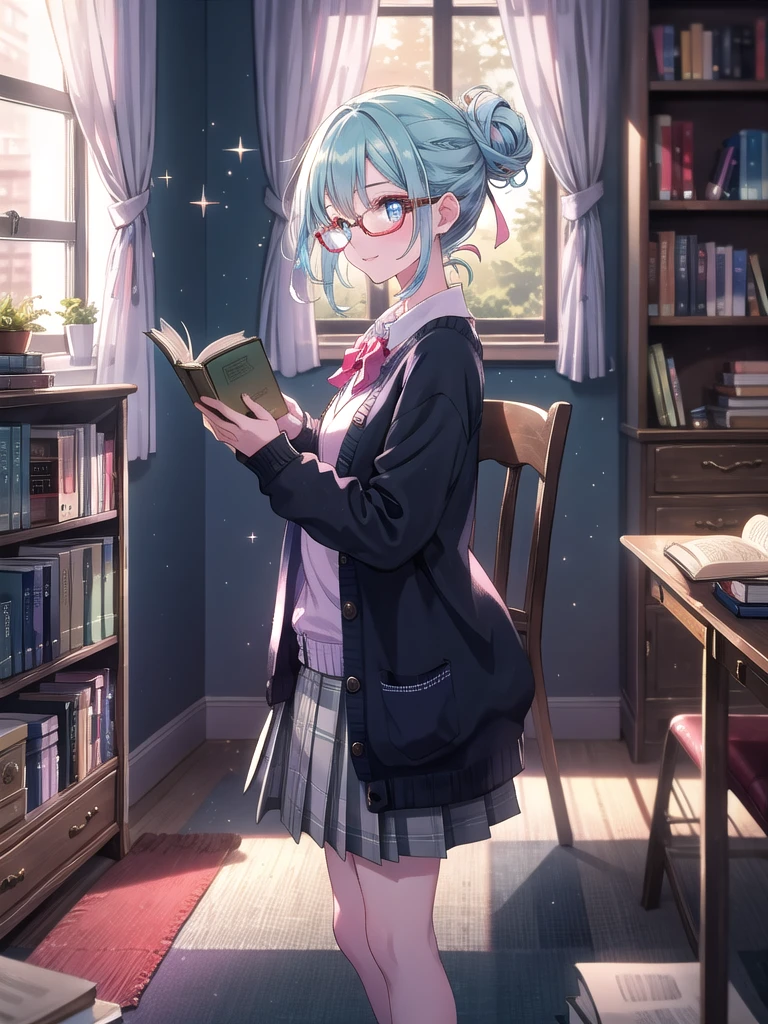 ((8k, Highest quality, masterpiece: 1.3)),Ultra-high resolution,(1 girl, alone), (Color changing eyes, Ultra-detailed, Expressive brilliance, Glitter, Glowing Eyes), Highly detailed eyes, Highly detailed face, Random Hair, ((pastel colour))A lively young woman with pastel blue hair styled into a messy bun, standing near her bookshelf in her softly lit bedroom during a quiet afternoon. She is dressed in a modest yet subtly sexy librarian cosplay, wearing a fitted cardigan over a blouse, a knee-length skirt, and a pair of stylish reading glasses. The camera captures her from a side angle as she smiles brightly while holding a book, her expression full of warmth and knowledge. The room is warmly lit by the afternoon sun, with a few books neatly arranged on the shelf, a small reading chair in the corner, and a peaceful, scholarly atmosphere.