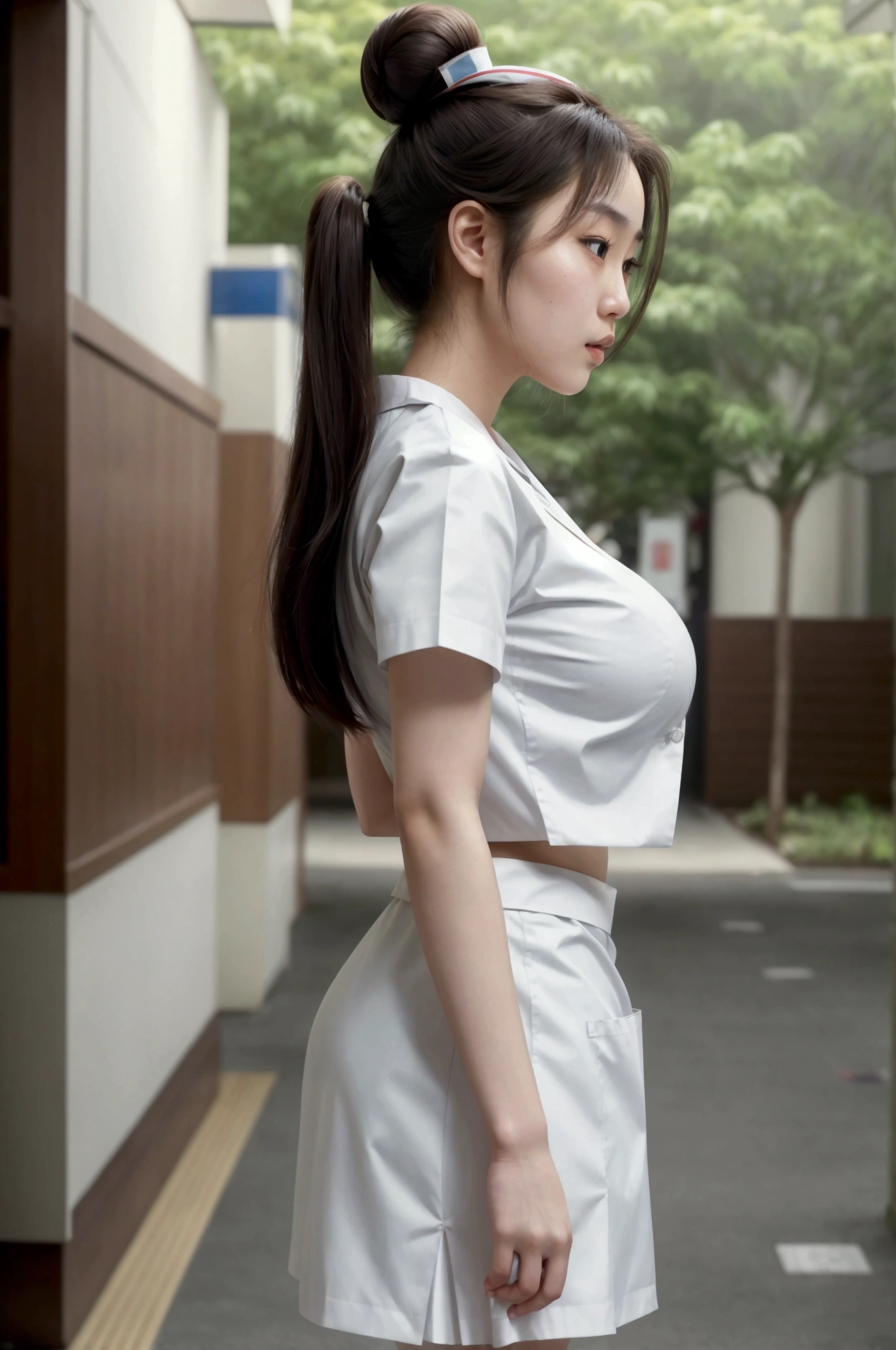 ((masterpiece,Highest quality)), 22-year-old girl, Asian Face, Ultra-realistic skin texture, Proportionate Body, Large Breasts, Big Butt, Hair Bun, White nurse uniform, hospital, walk, Bright bokeh background, RAW Photos, Side view photo shot, Narrow waistline