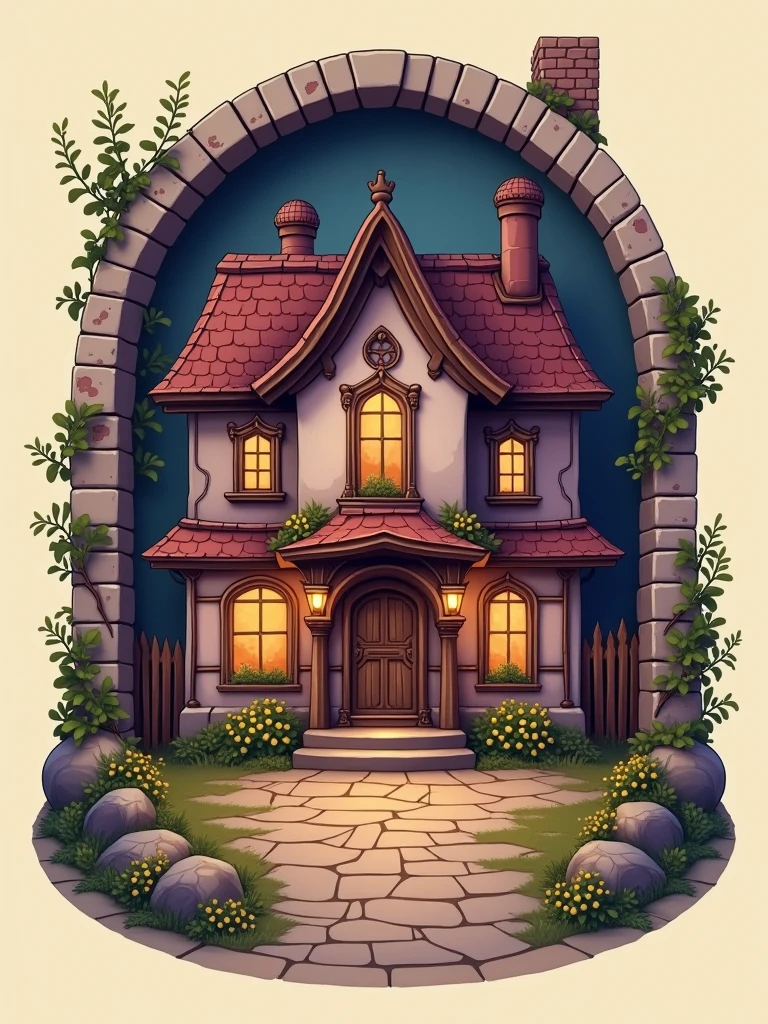 Logo. At the center of the image, there is a lilac and brown house with a sign that says "Home Sweet Home." The image features well-detailed elements with a medieval touch. Wordmark. Label.