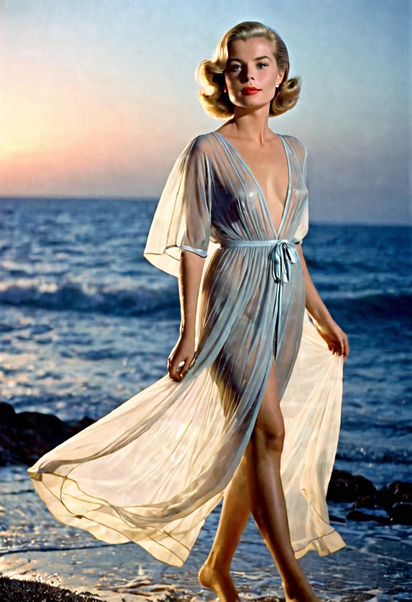 A lovely woman (Grace Kelly, age 25, open sheer night gown, no underwear, trimmed vagina hair) walking by the sea side, gentle breeze, erect nipples, beach at night,