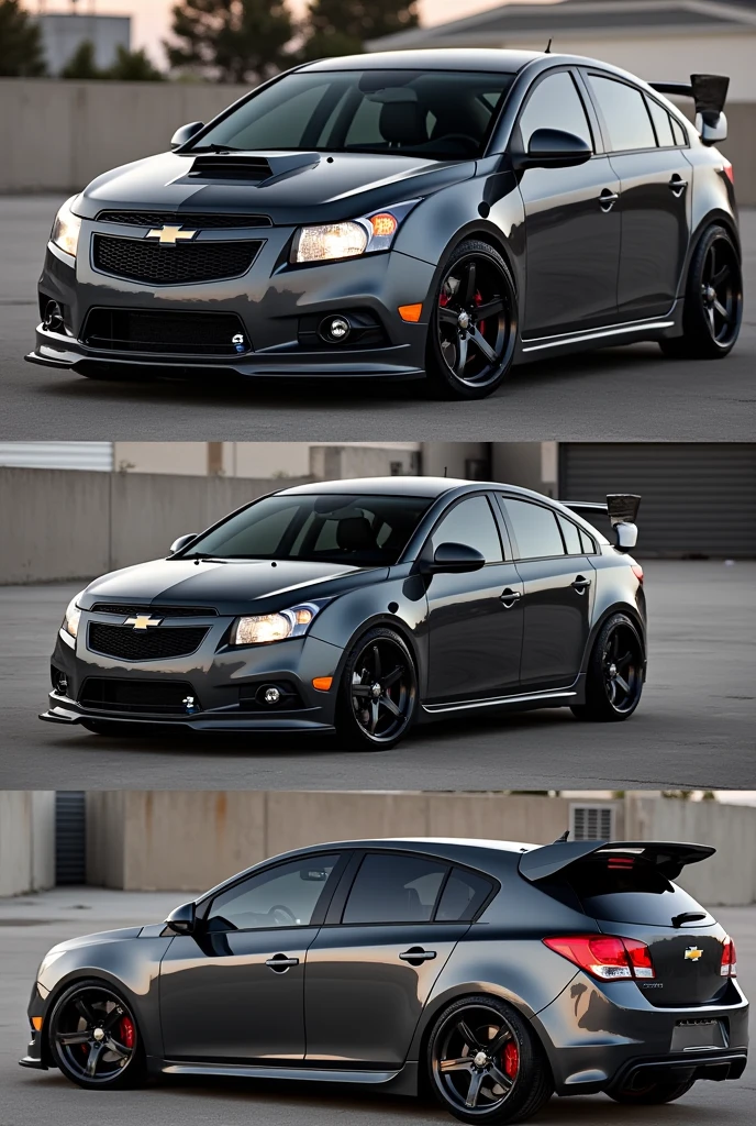 Por favor, Generate an image of a 2012 Chevrolet Cruze LT model in dark gray., with the following aesthetic customizations:

wheels: wheels esportivas de design moderno, black or dark silver in color.
Headlights: Headlights dianteiros com LEDs e um visual mais agressivo.
Grade Frontal: Sporty front grille with dark finish.
Stickers or Details: Add some sticker detail or sports stripes in a contrasting shade, like red or black.
suspension: Show the car with a slightly lowered suspension for a sportier look.
Taillights: Taillights with a more modern design or with a slight change in color.
hinterland: Show off an interior with leather or sports equipment upholstery, if possible, and LED lighting details.
Make sure the image reflects a modern and sporty look, maintaining the overall appearance of the car."
 show more than one image
