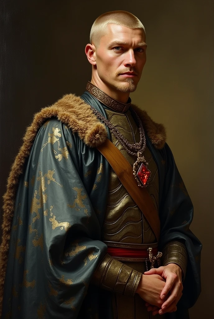 
{{Masterpiece, best quality, realistic oil painting, by Théodore Géricault, muted colors, male focus}}, (((((dramatic half body portrait of a 30 years old male ancient Emperor, solemn, valiant, upright, brown skin, blonde, smiling, goatee, buzzcut, kohl painted eyes))))). (((he is wearing an iridescent silk draped, ronin uniform, armor lorica, made of alligator leather, with Praetorian inspired elements, shogun inspired elements, wearing a red diamond shape pendant))).
