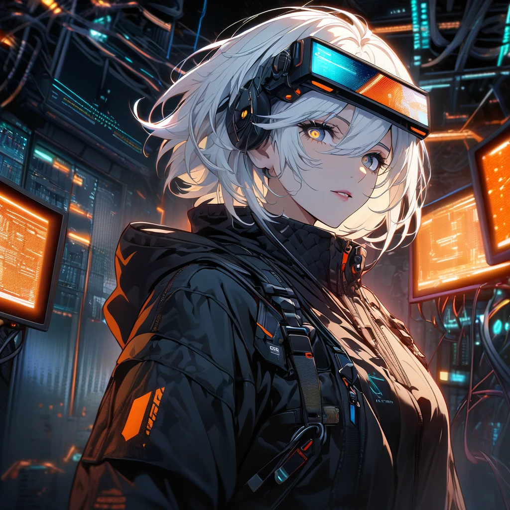 (absurdres, highres, ultra detailed), 1man, mature female, aged up, short hair, white hair, black eyes, bangs, long sleeves, finely detailed eyes and detailed face, extremely detailed CG unity 8k wallpaper, intricate details, portrait, looking at viewer, solo, (full body:0.6), detailed background, detailed face, (matrix theme:1.1) evil high-tech futuristic hacker,  advanced technology, hoodie, techwear, wearable device, keycard, cables, head-up display, blue (holographic display:1.05), access granted,   cybersecurity, server room in background, orange lights,  dark sinister atmosphere, , portrait, wind swirling