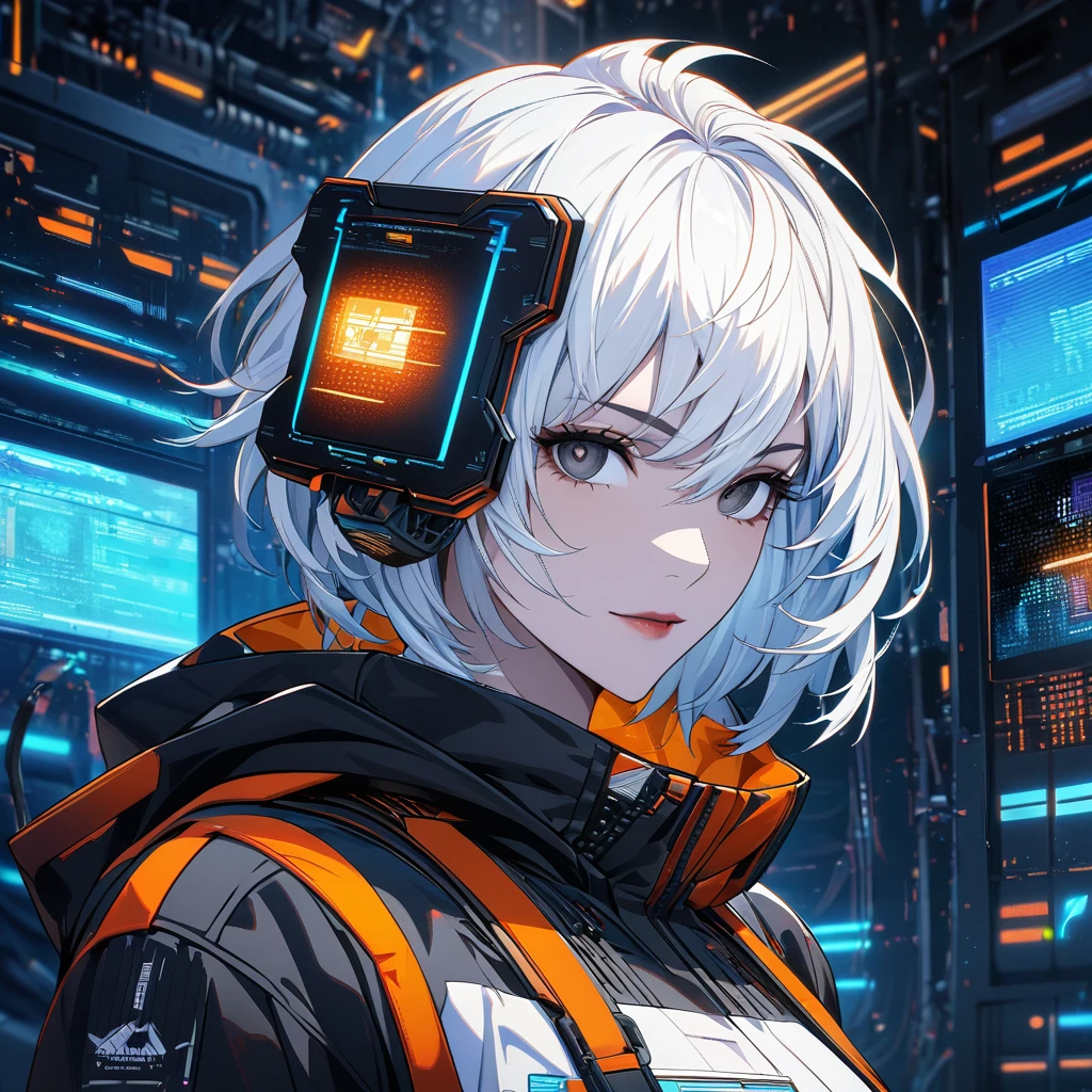 (absurdres, highres, ultra detailed), 1man, mature female, aged up, short hair, white hair, black eyes, bangs, long sleeves, finely detailed eyes and detailed face, extremely detailed CG unity 8k wallpaper, intricate details, portrait, looking at viewer, solo, (full body:0.6), detailed background, detailed face, (matrix theme:1.1) evil high-tech futuristic hacker,  advanced technology, hoodie, techwear, wearable device, keycard, cables, head-up display, blue (holographic display:1.05), access granted,   cybersecurity, server room in background, orange lights,  dark sinister atmosphere, , portrait, wind swirling