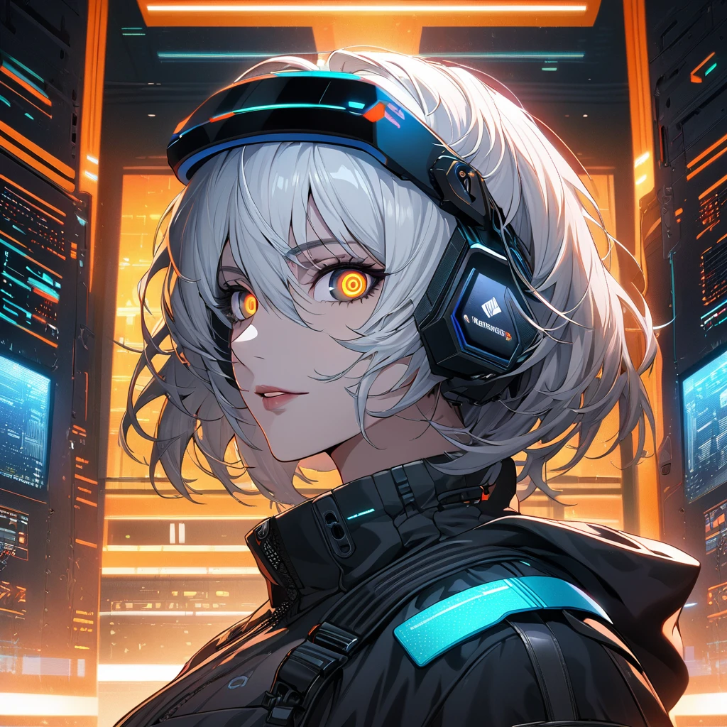 (absurdres, highres, ultra detailed), 1man, mature female, aged up, short hair, white hair, black eyes, bangs, long sleeves, finely detailed eyes and detailed face, extremely detailed CG unity 8k wallpaper, intricate details, portrait, looking at viewer, solo, (full body:0.6), detailed background, detailed face, (matrix theme:1.1) evil high-tech futuristic hacker, advanced technology, hoodie, techwear, wearable device, keycard, cables, head-up display, blue (holographic display:1.05), access granted, cybersecurity, server room in background, orange lights, dark sinister atmosphere, , portrait, wind swirling