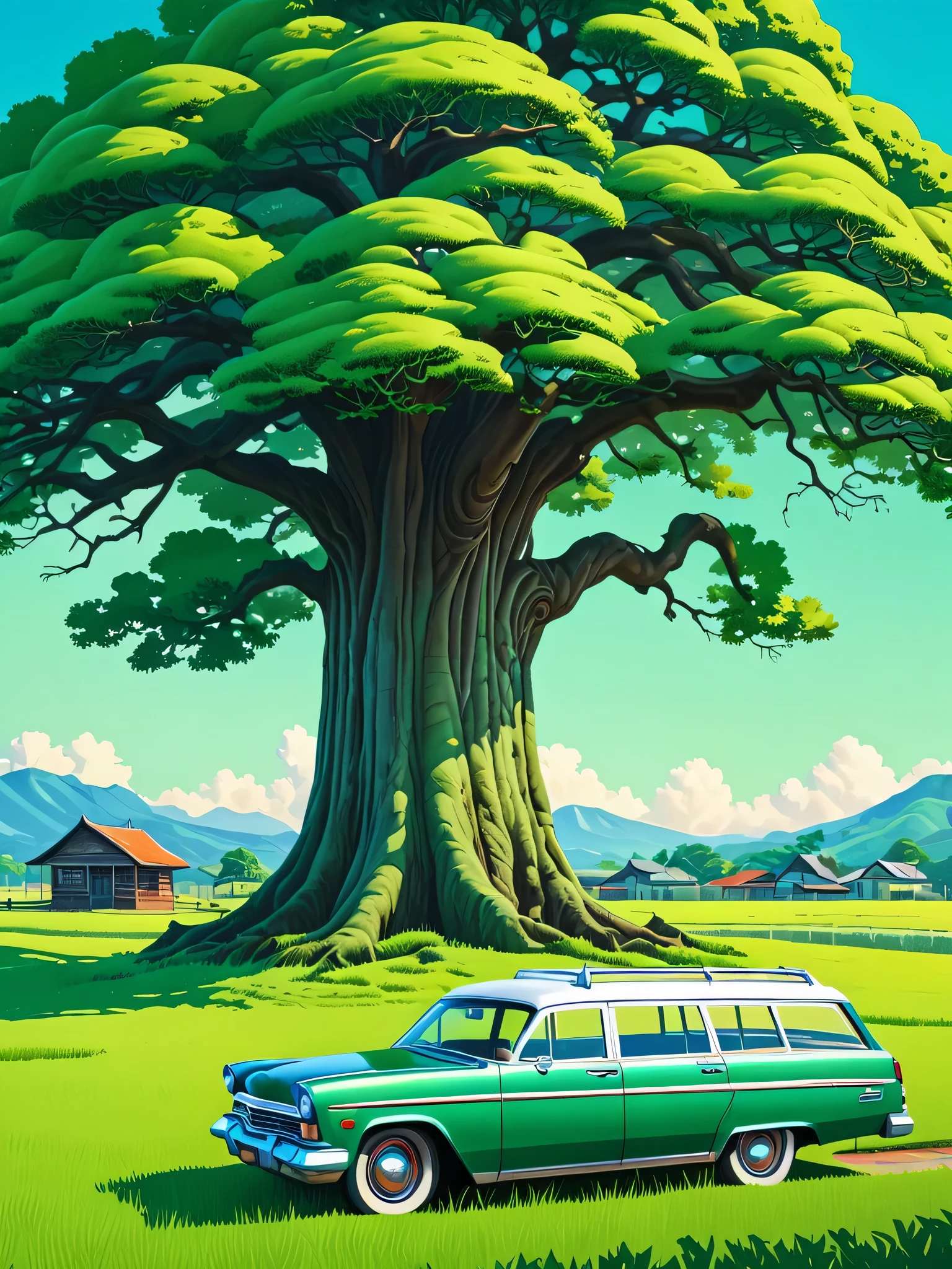 A stunning landscape painting of a large tree with lush, green foliage overlocking a rolling, grassy field with a vintage station wagon parked in the distance, in the style of a vibrant, derailed digital illustration., photo, 3d render, illustration, cinematic, ukiyo-e