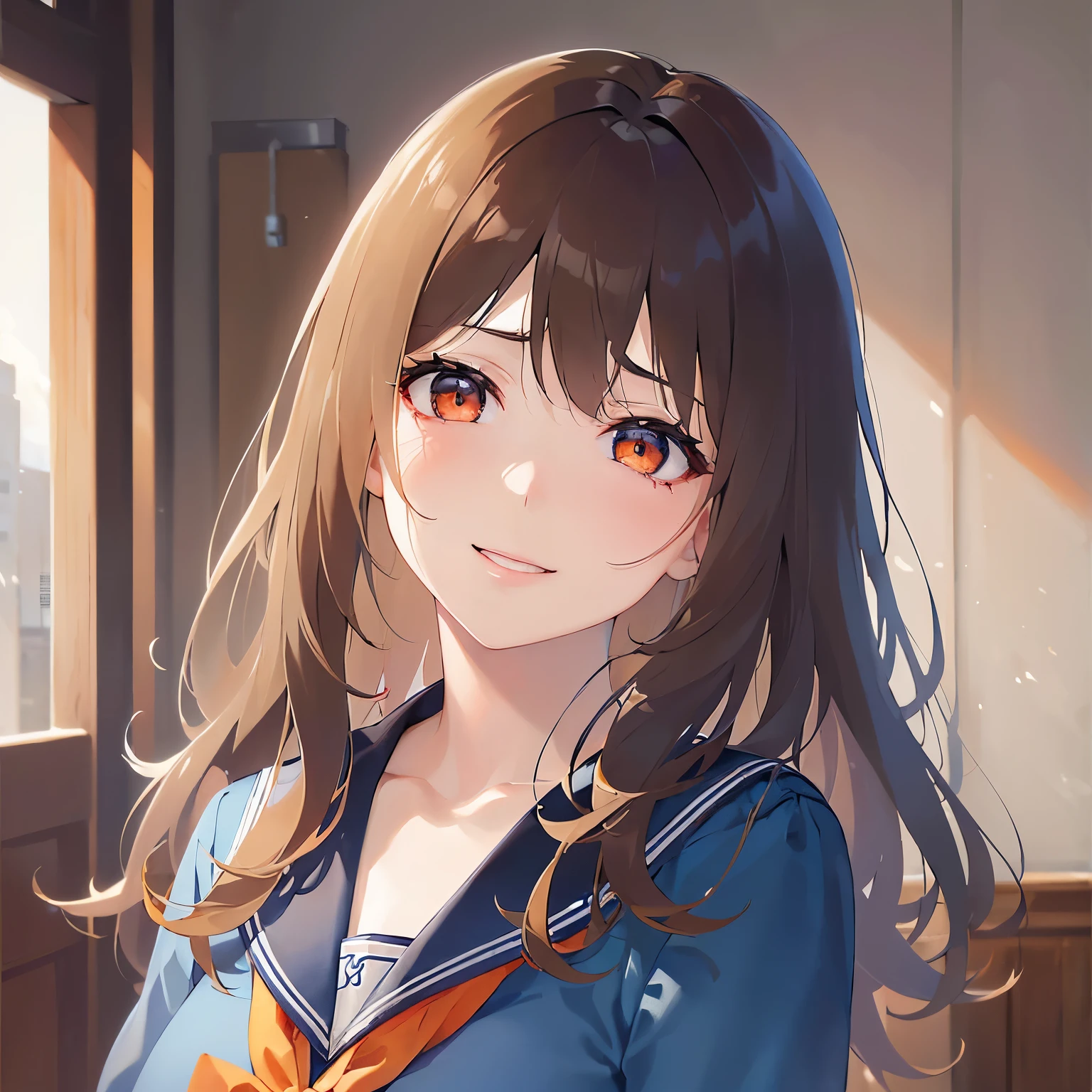 (looking at viewer:1.5)Upper Body, head tilt, Realistic, real person, (pale skin: 1.2), RAW photo, photorealistic, shiny skin, shiny hair、 (A 25-year-old woman with medium-length hair and bangs) and (wavy hair) and (brown hair) and (orange eyes), sailor suit, dark blue collar,red ribbon, (tearful:1.4),(smile:1.2),The background is the living room、(alone:1.5