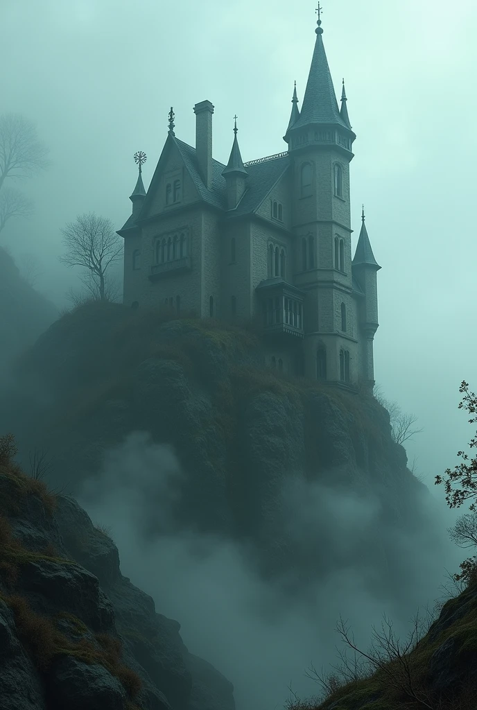 A shadowy mansion shrouded in mist