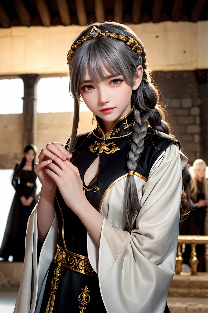 Highest quality, masterpiece,Gray Hair, Golden Eyes,medieval black dress, look up, Upper Body,hair,Fair skin,Side braid、Inside the medieval castle