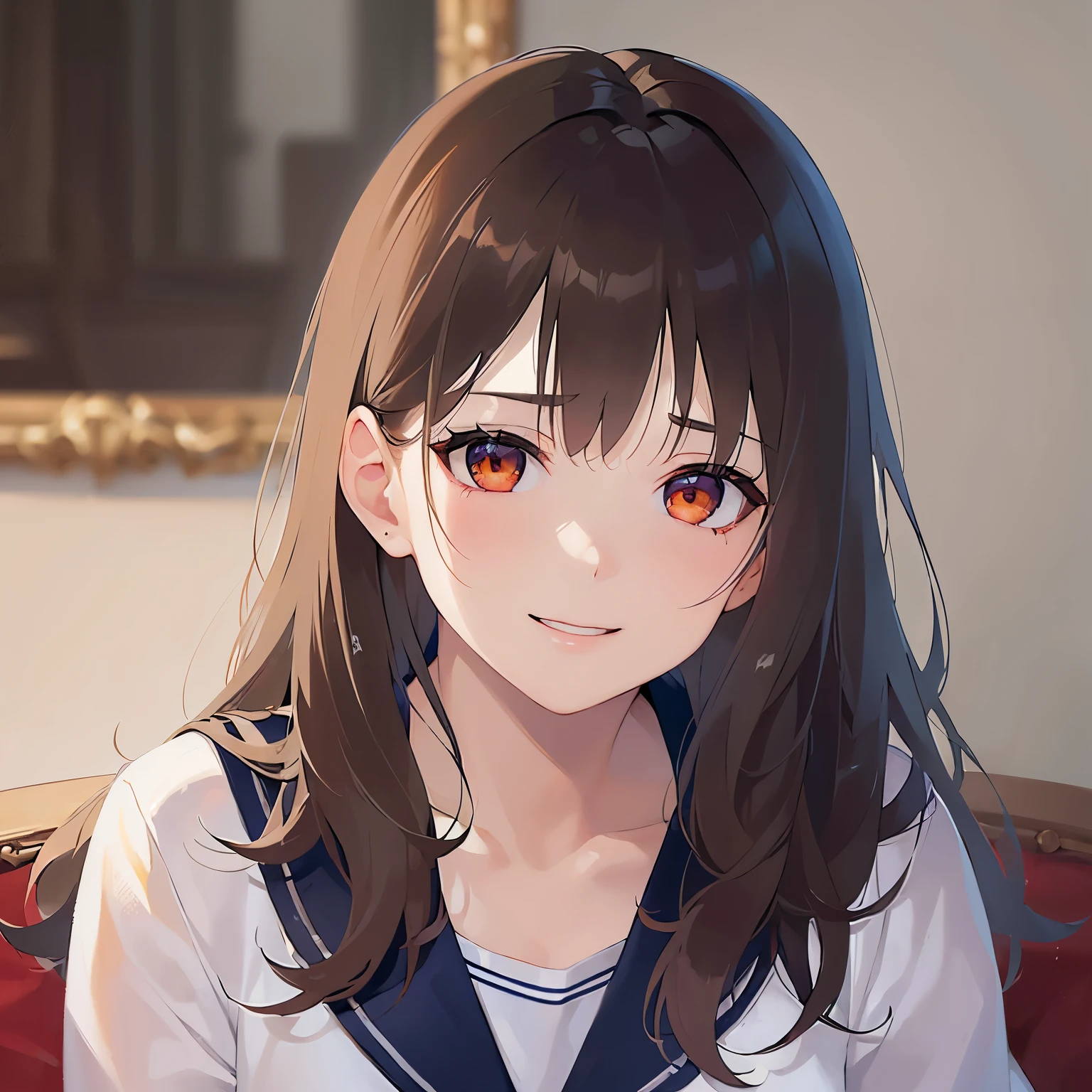 (looking at viewer:1.5)Upper Body, head tilt, Realistic, real person, (pale skin: 1.2), RAW photo, photorealistic, shiny skin, shiny hair、 (A 25-year-old woman with medium-length hair and bangs) and (wavy hair) and (brown hair) and (orange eyes), sailor suit, dark blue collar,red ribbon, (tearful:1.4),(smile:1.2),The background is the living room、（alone:1.5