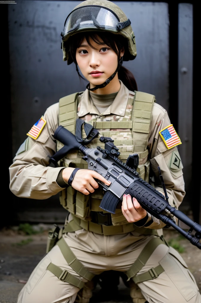 (masterpiece, ultra-detailed, ultra-realistic, best quality, clear focus, photorealistic), (ultra-high resolution, 8k:1.3), cinematic color-grading film, dramatic scenes, shadow, global-illumination, perfect anatomy, perfect face, (detailed face, detailed eye:1.3), (Japanese blonde anime-style girl:1.2), (experienced soldier:1.2), professional light, (boyish cool Japanese face:1.3), (Fully equipped for battle:1.3), (holding m4a1 large assault rifle:1.4), (long barrel rifle:1.3), (Strong willed expression:1.2), (afraid:1.3), (wearing a soldier's outfits with military helmet:1.2), slim waist, (at a battle field of Abandoned Building at night), flash light, (explosion:1.4), very large breasts, tactical vest, military harness, (squatting), face focus